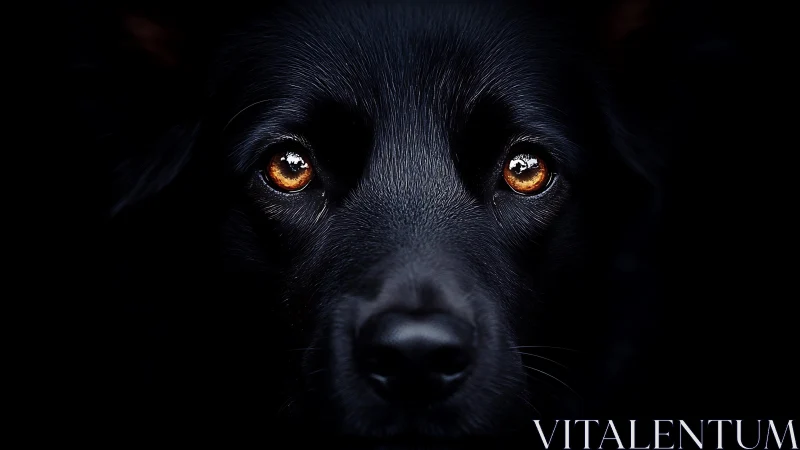 Low-key canine portrait isolates amber eyes against darkness