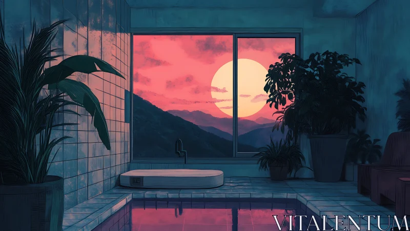 Indoor pool overlooks vivid sunset over layered mountains