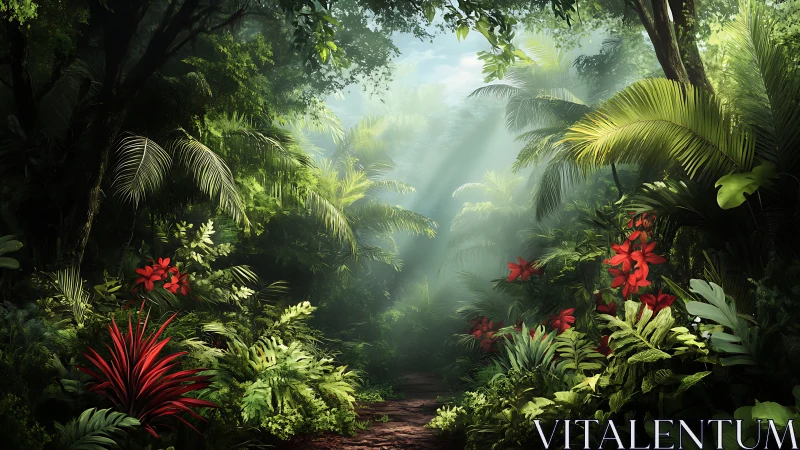 Lush Tropical Jungle Sanctuary with Vibrant Red Blooms.