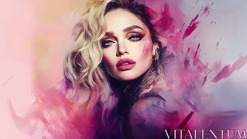 Radiant woman emerging from dreamy pink and purple haze.