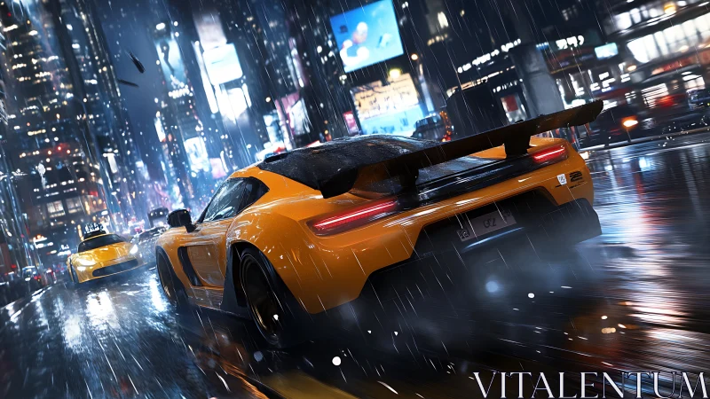 Orange supercar racing through neon soaked city streets.