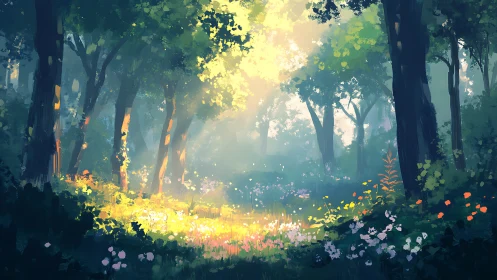 Luminous Forest Cathedral: Ancient Trees Frame Golden Wildflower Sanctuary.