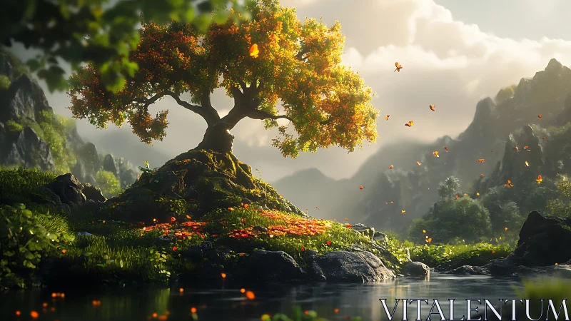 Solitary flowering tree stands on rocky island in bright valley