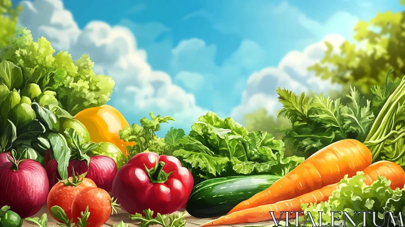 Digital painting of fresh garden vegetables under open sky.
