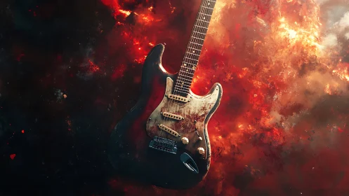 Worn electric guitar floats against blazing cosmic nebula
