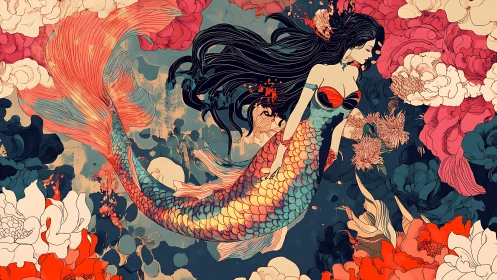 Stylized mermaid amid dense florals renders ornate chromatic motion