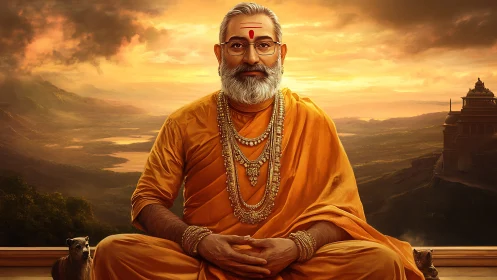 Serene Hindu guru seated before golden mountain sunset.