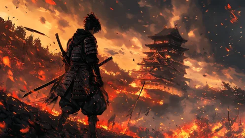 Lone samurai watches a blazing fortress under fiery skies.