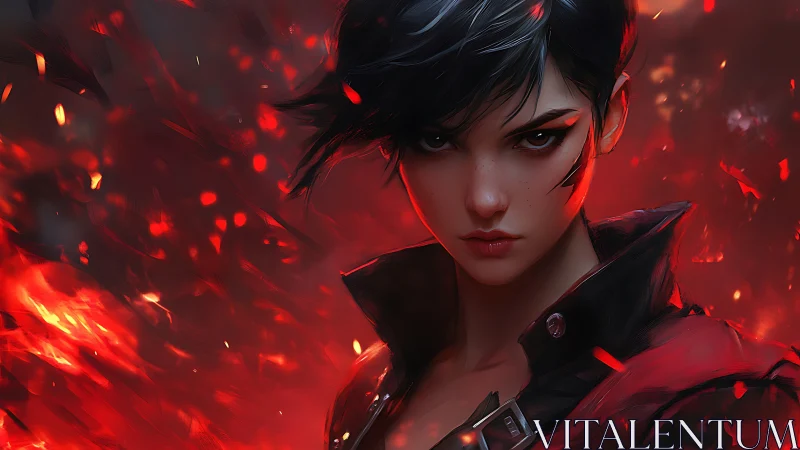 Digital portrait depicts short-haired figure amid red embers