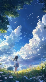 Girl stands in sunlit meadow under vast drifting clouds.