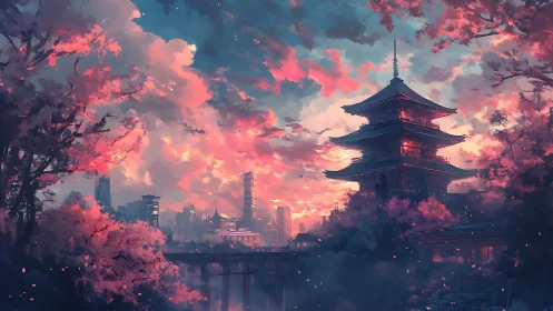 Twilight pagoda dreaming above a cherry-blossom city.