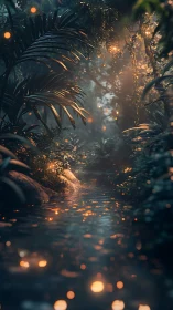 Glowing fireflies over tranquil jungle stream at dusk.