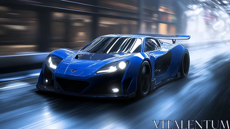 Electric blue supercar races through a wet neon city street.