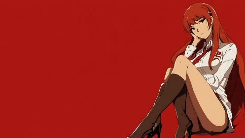 Red haired anime girl sits against flat red background