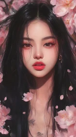 Digital portrait depicts woman framed by pink blossoms