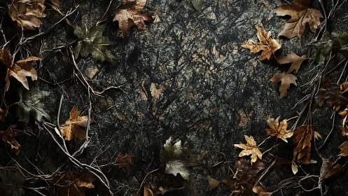 Autumn leaves encircle a dark forest-textured background.