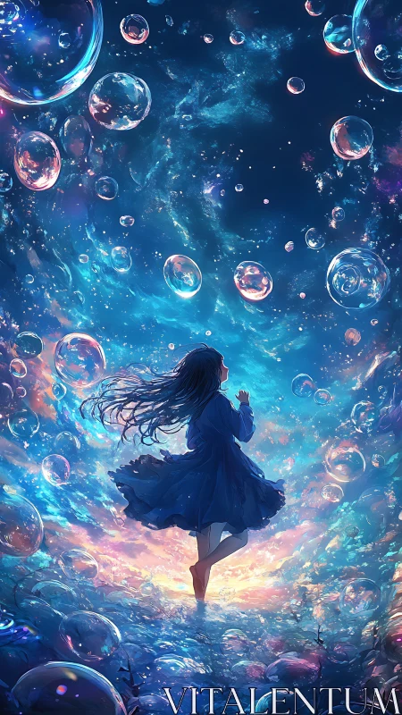 Girl suspended in glowing bubbles over cosmic sky.