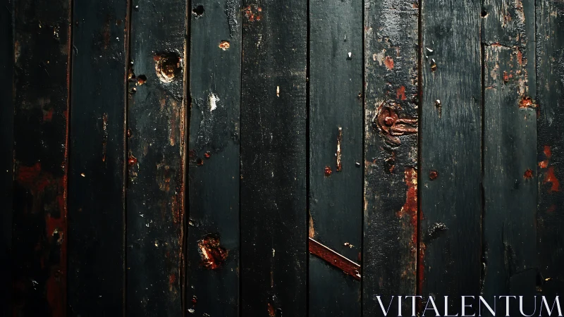 Weathered dark wooden planks with rusted metal details.