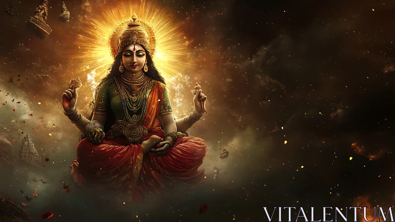 Divine goddess in radiant cosmic meditation over ruins.