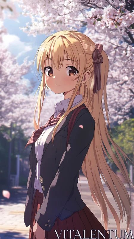 Blonde schoolgirl under luminous cherry blossom canopy.