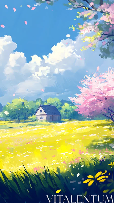 Sunlit cottage rests amid blooming spring meadow and clouds
