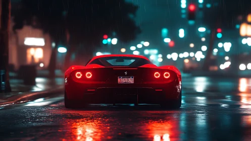 Red sports car on wet night city street in rain.
