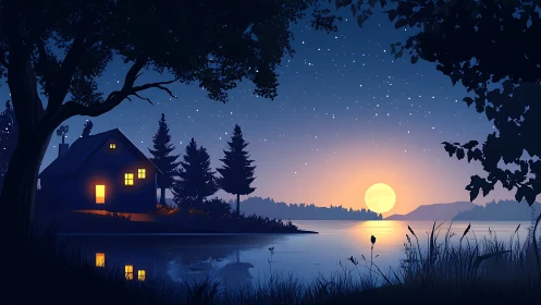 Moonlit lakeside cabin glowing under a star-sprinkled sky.