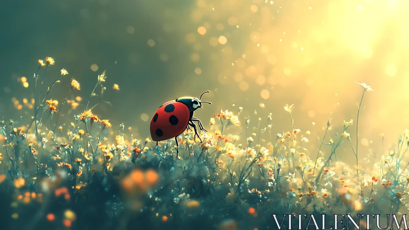 Ladybug on wildflower meadow in warm backlight glow.