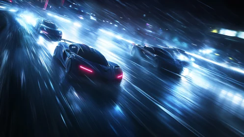 Futuristic supercars racing on wet neon city streets.