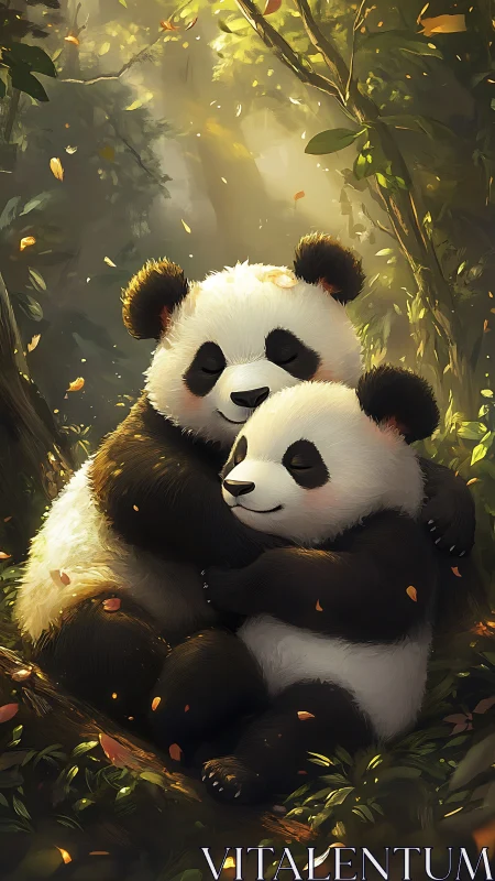 Cozy panda cuddle in a sunlit forest hideaway.