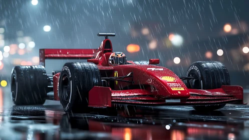 Red Formula racer in cinematic night rain street scene.