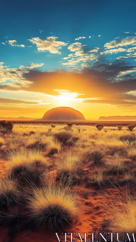 Desert sunrise ignites monolith beyond golden spinifex.