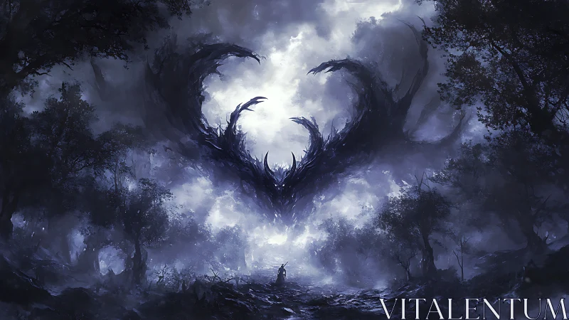 Midnight colossus coils above a lone wanderer&rsquo;s path.