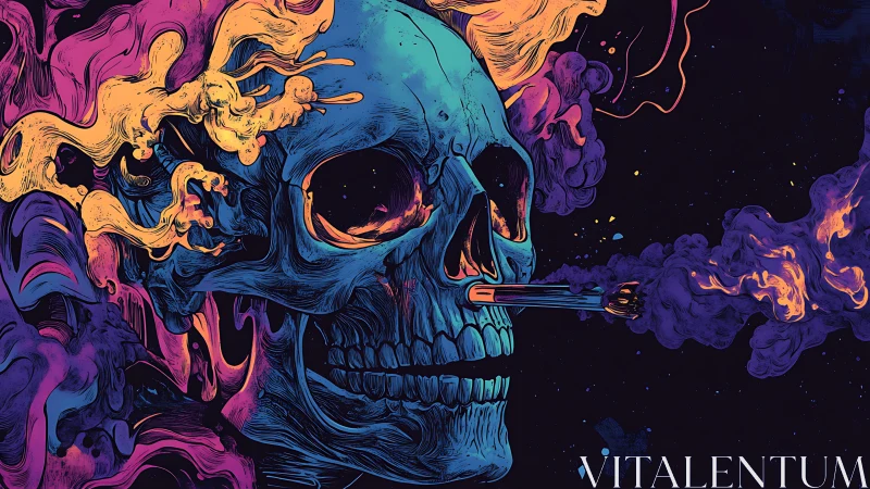 Neon human skull with smoking cigarette in abstract vapor.