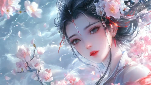 Digital portrait shows floral adorned woman in soft lighting