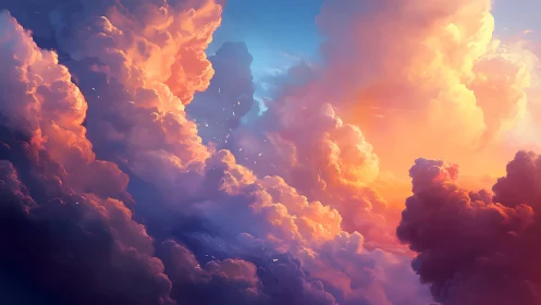 Sunlit cumulonimbus clouds fill sky with vivid warm gradients
