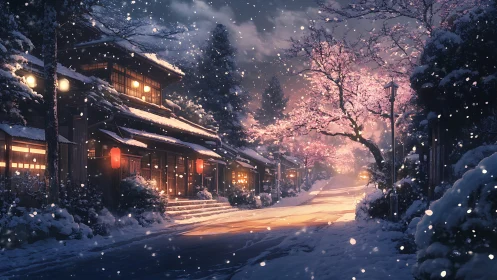 Snowy lantern-lit street welcomes a quiet winter evening walk