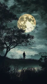 Silhouette figure by lakeside under full moonlit sky.