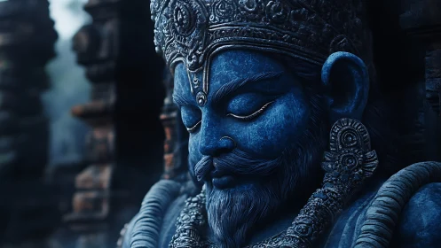 Blue stone deity sculpture with shallow depth and intricate relief