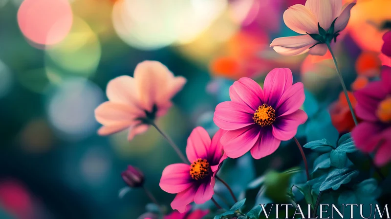 Vibrant Pink Cosmos Flowers in Golden-Hour Garden Light.