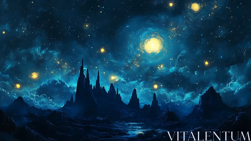 Digital painting of alien spires under swirling stellar sky.