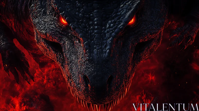 Dragon-like reptile face fills frame above glowing red lava