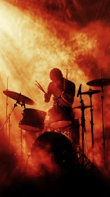 Silhouetted drummer on stage in dense red backlighting.