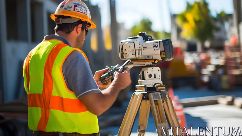 Construction surveyor operates tripod-mounted total station camera