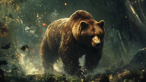 Powerful brown bear charging through dense forest rain.