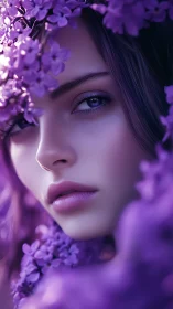 Violet blooms frame serene female portrait in soft focus