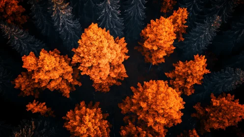 Aerial autumn canopy contrast in saturated digital painting.