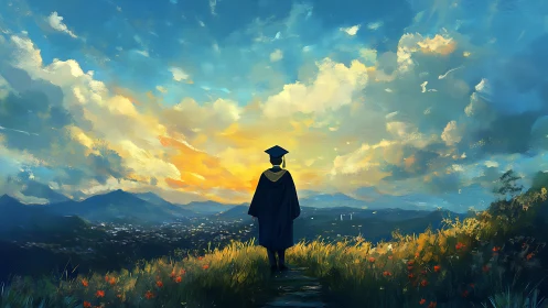 Graduate stands on sunlit hill overlooking distant valley