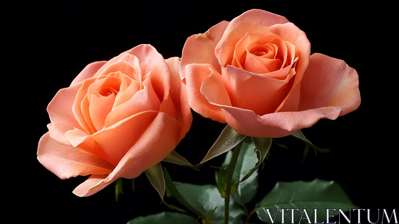 Coral Roses Against Black Background: High-Key Floral Study.