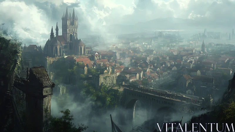 Gothic cathedral dominates a misty medieval fantasy cityscape
